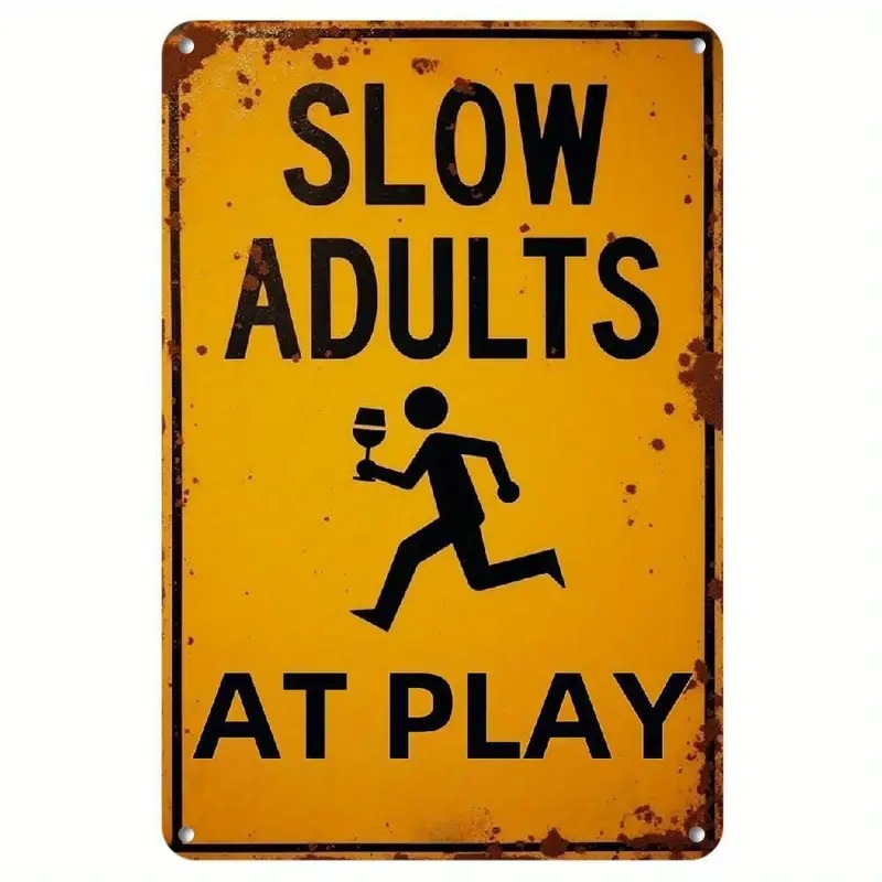 vintage metal wall sign slow   at play with running figure silhouette distressed yellow rustic decor 8x12 inch   for backyard playground and   areas   humorous warning sign no electricity needed metal outdoor decor 0
