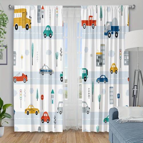 2d flat 2pcs 2d flat printing 21 65x59inch 55x150cm cartoon car print blackout curtains 100 insulated machine washable window drapes for bedroom living room kitchen balcony decor birthday gift rod not
