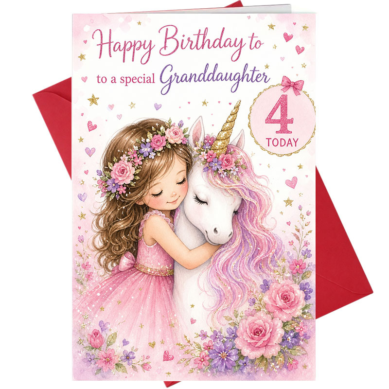 TEMU 1 Greeting Card + 1 Envelope. 2d Flat Greeting Card For Granddaughter's 4th Birthday, Unicorn Themed Card - "wishing Granddaughter/happy 4th