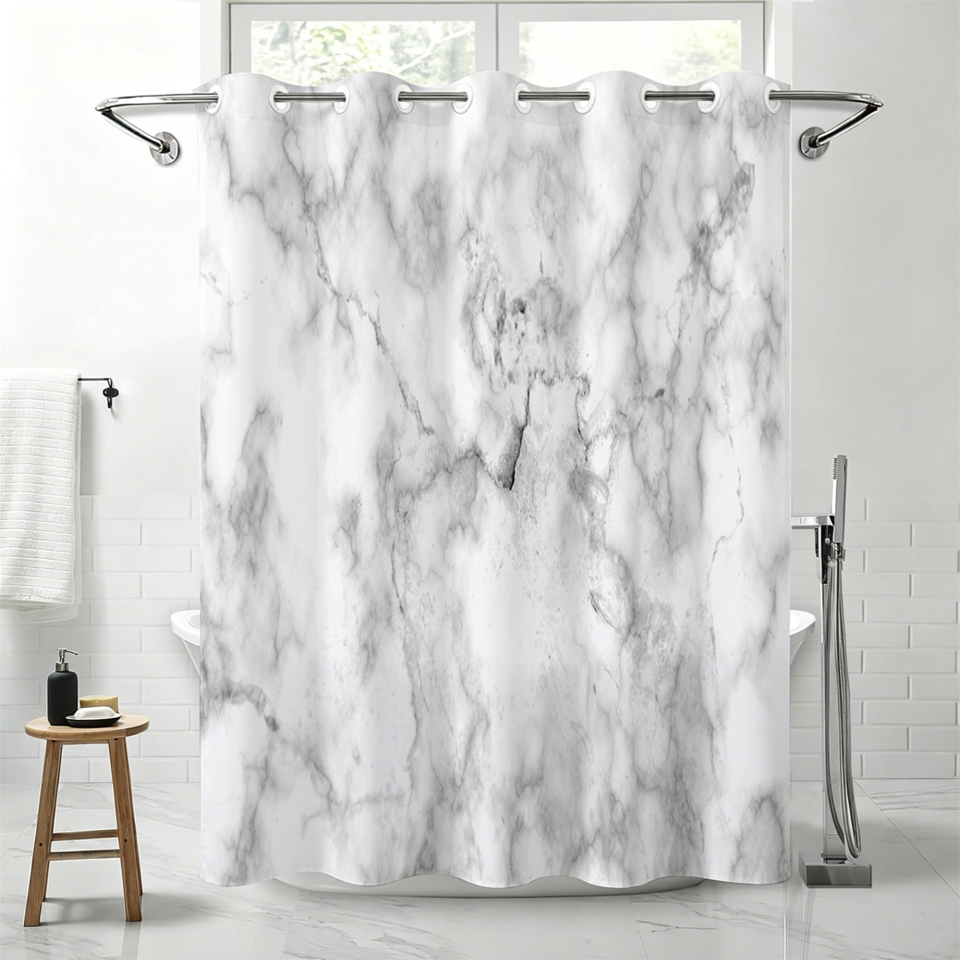1pc no drill installation   style marble pattern single layer large ring shower curtain wet and dry   partition curtain for bathroom   shower room bath curtain