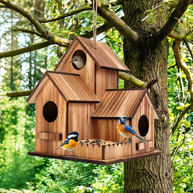 item picture large outdoor 3 hole bird house feeder suitable for     red breasted nuthatches modern hanging bird shelter with pine   artificial wood box for garden decoration wild bird habitat for attracting birds