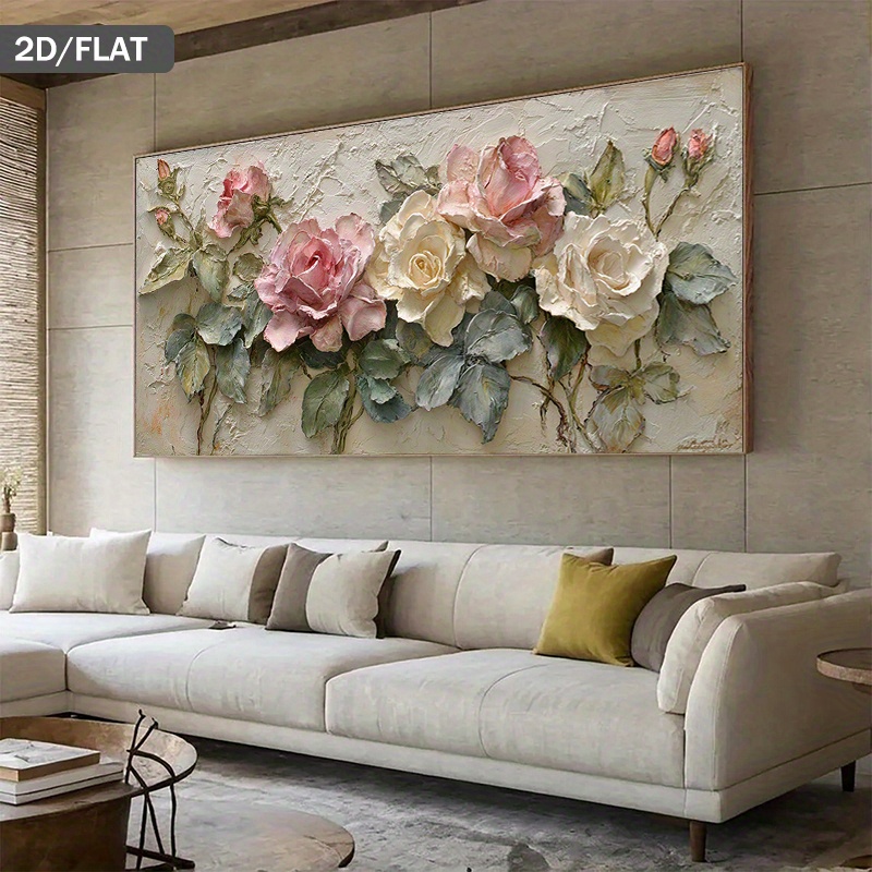 2d flat modern abstract pink white roses green foliage canvas wall minimalist suitable for horizontal panel for narrow spaces unframed for dorm office spring autumn decoration 2d flat