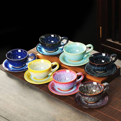 luxury european kiln ceramic coffee tea cup and saucer set brushed glaze vintage cups suitable for office restaurant use gift wholesale orders kiln turned tableware