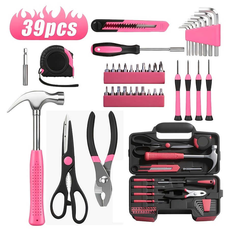 39pcs pink tool kit   screwdriver utility knife scissors tape measure hammer internal hex wrench pliers suitable for home garage   college   ideal for women