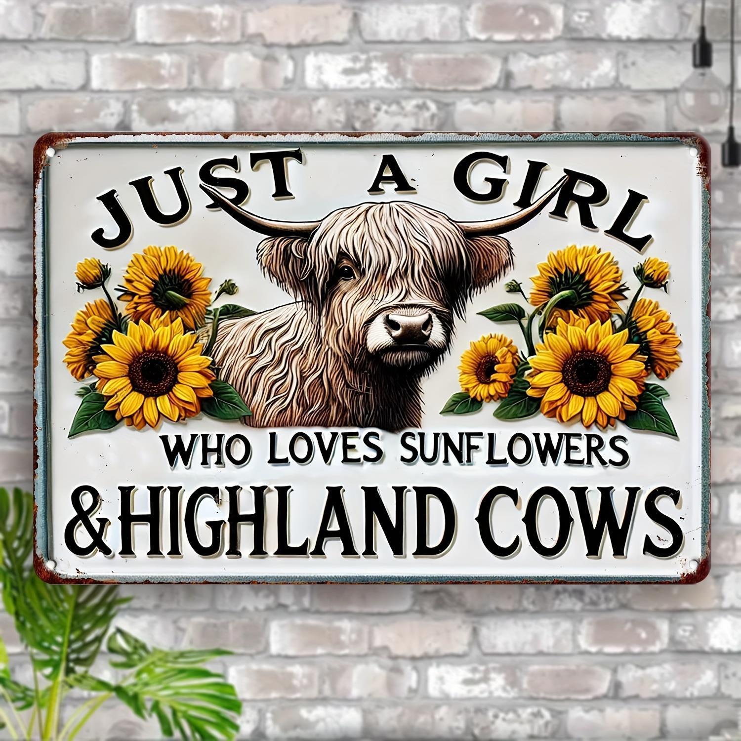 TEMU 2d Flat, 2d Plane, 2d Plane - 1pc Vintage Sunflower Highland Cow Wall Sign, Rustic Farmhouse Decor, Featuring The Design Who Sunflowers And