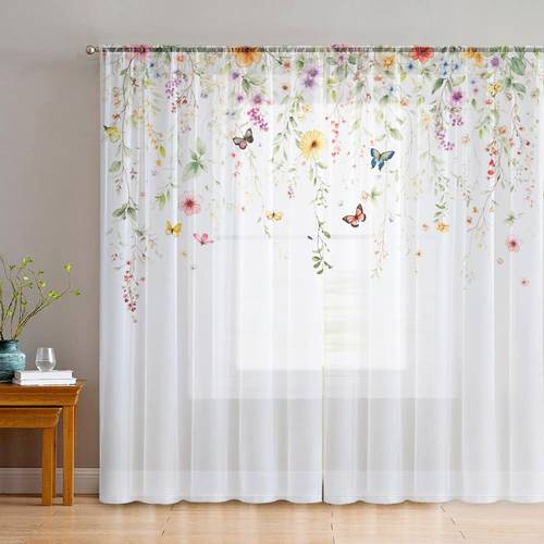 2pcs country floral vine sheer curtains for kitchen cafe dining room balcony garden bedroom decor lightweight polyester sheer