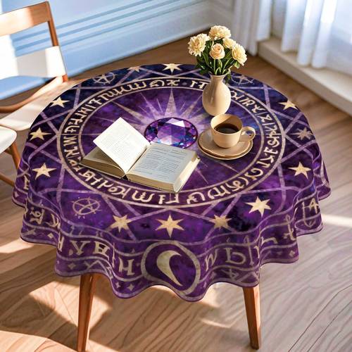 2d printing 150x150cm 59x59 inch round tablecloth featuring mysterious symbols and gems this printed tablecloth showcases with a print suitable for durable easy to