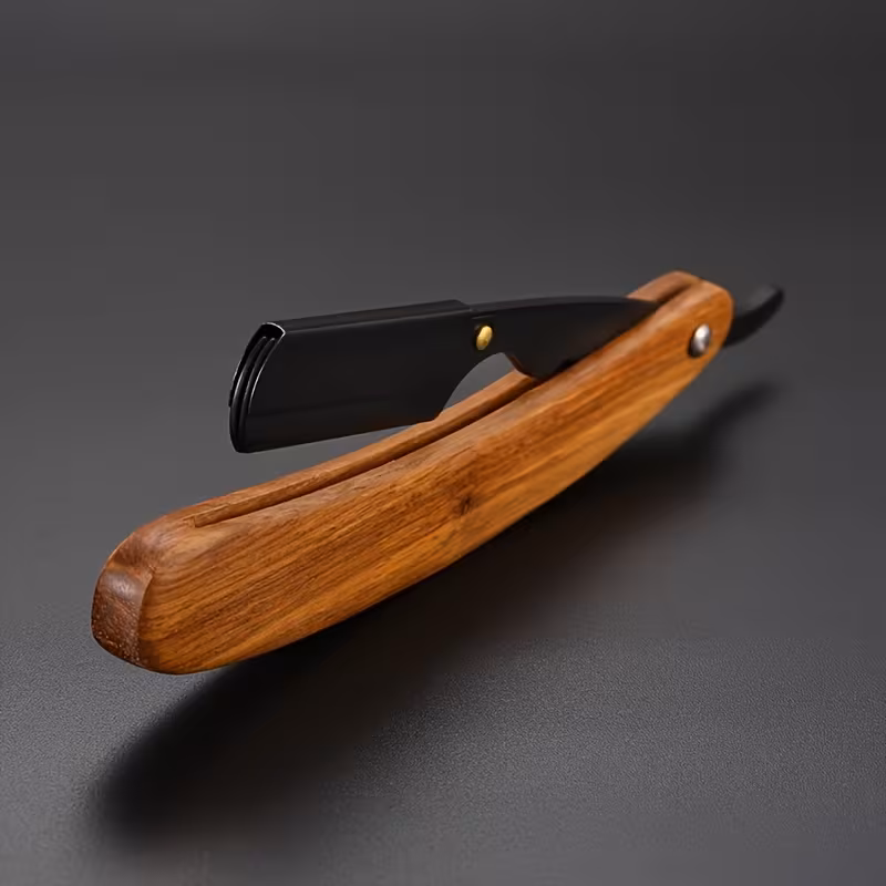 1pc professional barber grade wooden handle straight razor stainless steel foldable mens shaving razor with ergonomic grip portable safety lock blade not included classic straight razor safety lock razor Product details 2