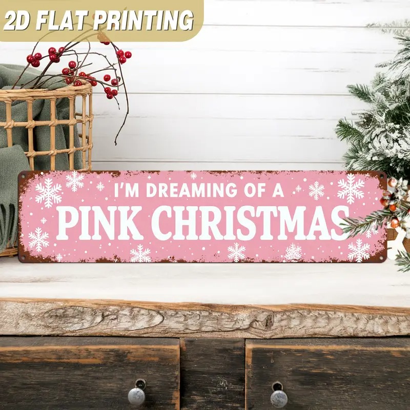 TEMU 2d Flat - 【2d Flat】 2d Flat, 2d Flat - 1pc Christmas Metal Sign " Of A Pink Christmas" Farmhouse Style Snowflake Decoration 3.9"x15.7" Holiday