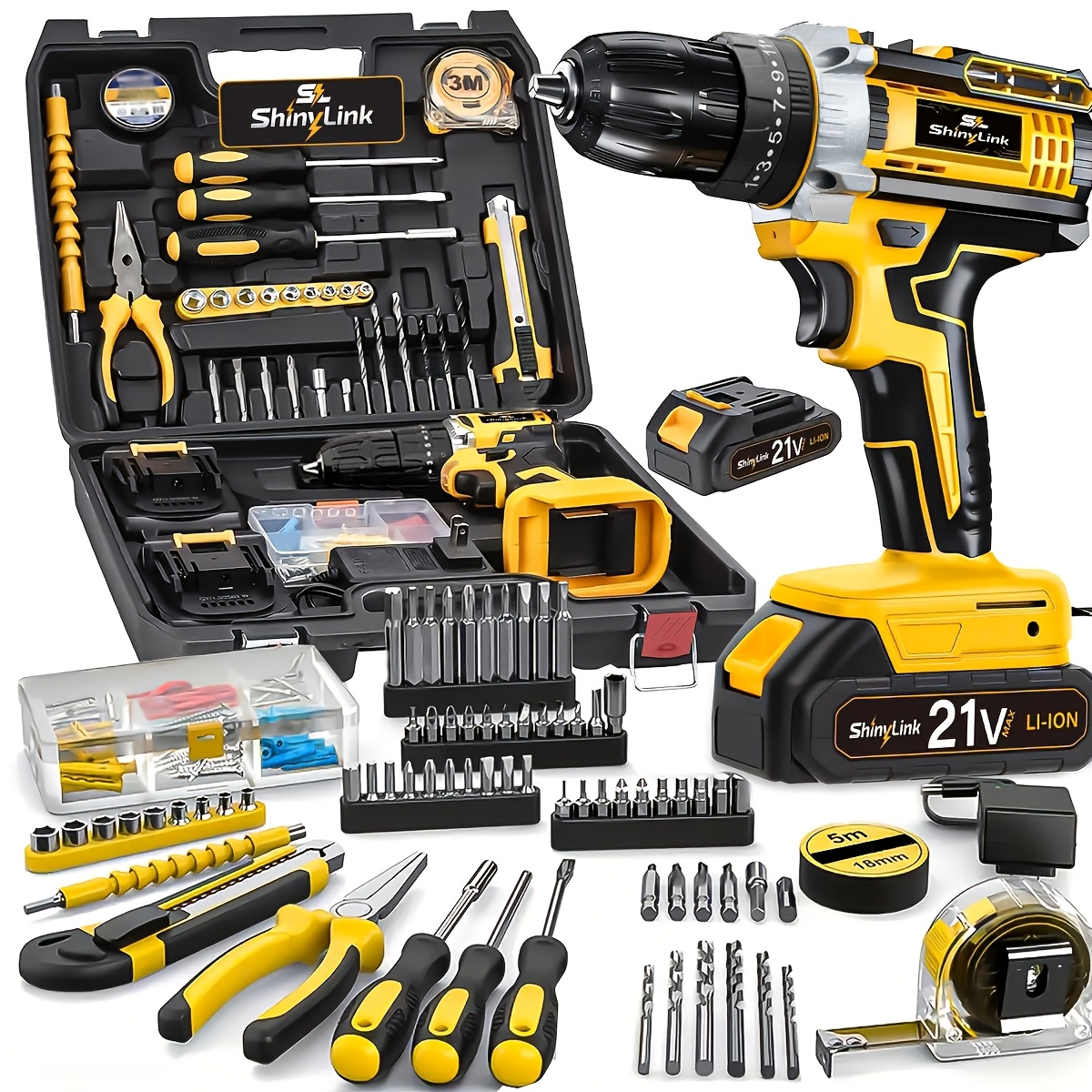 item picture 18|30pcs Home Multi-Purpose Cordless Drill Tool Set - Rechargeable Cordless Drill ToolBox Set, Equipped with 1 Or 2 Battery, Screwdriver, Tape Measure, Bit Set, ToolBox Set, Suitable Home Repair, Tools On At A Discount, Gift for Men
