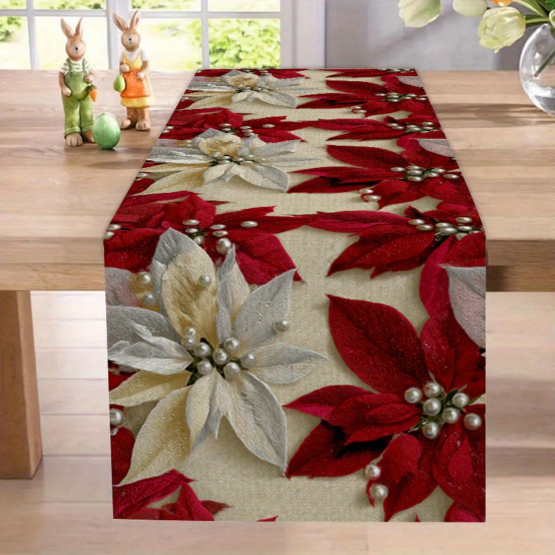 1pc elegant red and white poinsettia floral print table runner with   pattern festive dining decor for family   kitchen   in a   restaurant style to enhance holiday ambiance