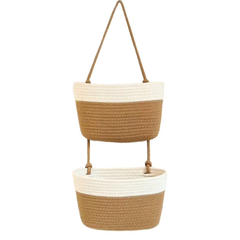 TEMU Bohemian Style Neutral- Hanging Storage Basket - Woven Rope Wall-mounted Organizer With Space- Vertical Shelves, Bohemian Style Suitable For