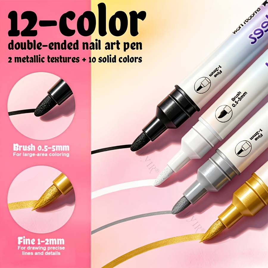 12-Color Metallic Nail Art Brush Set with Dual-Tip Design