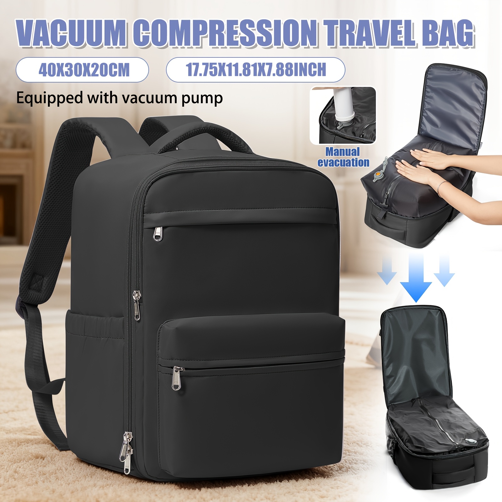 Women's Vacuum Compression Travel Backpack With Free Vacuum Pump, 40x30x20cm, Ryanair Carry-on Bag, Large Capacity Hiking Backpack