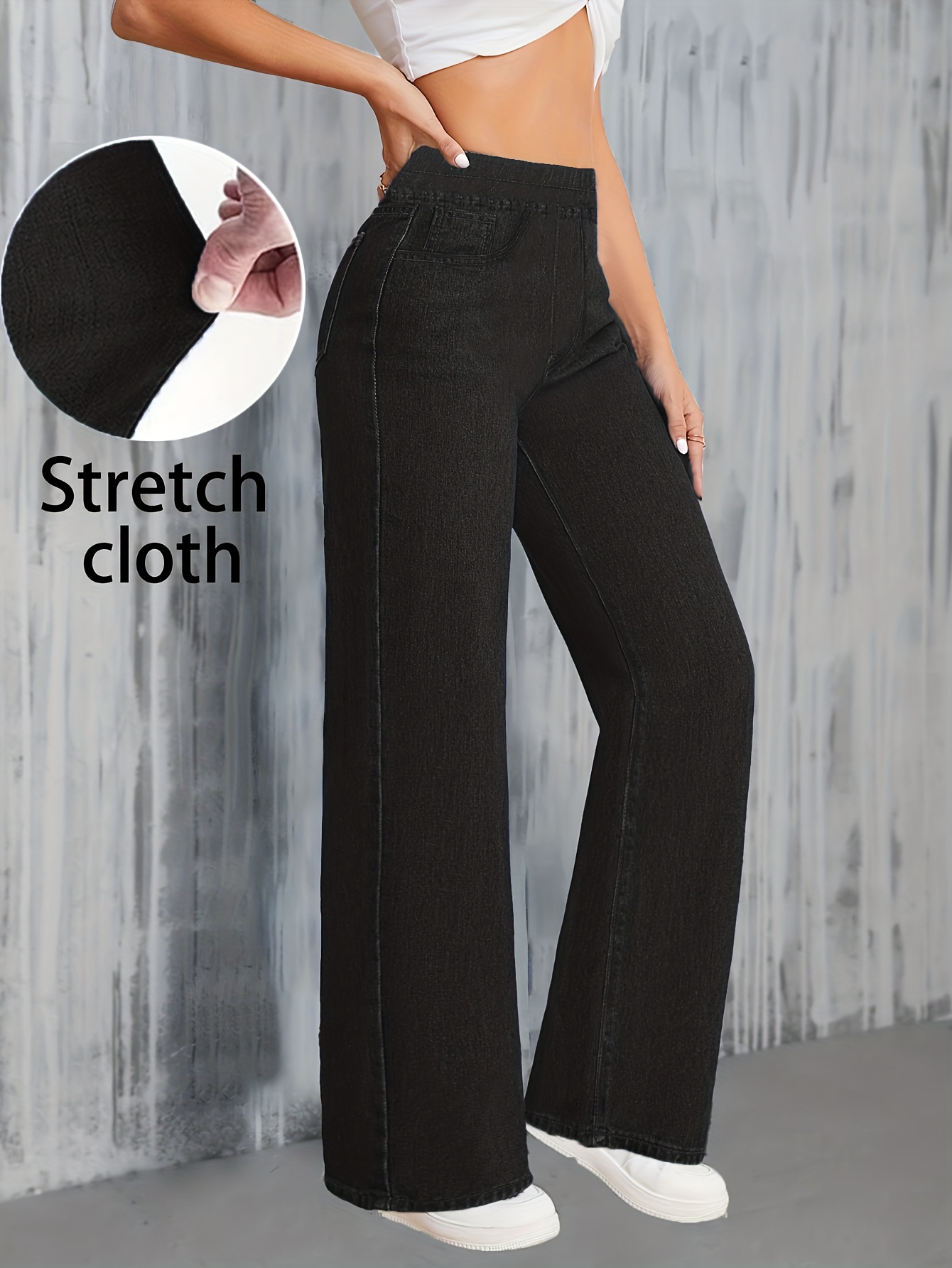 Women's High-Waisted Wide-Leg Stretch Jeans - Elegant Straight-Leg Trousers with Belt Loops & Water-Wash Denim, All-Season for Casual, Office, Travel - Classic Blue Wash (Mid-Rise) Pants, Machine Washable
