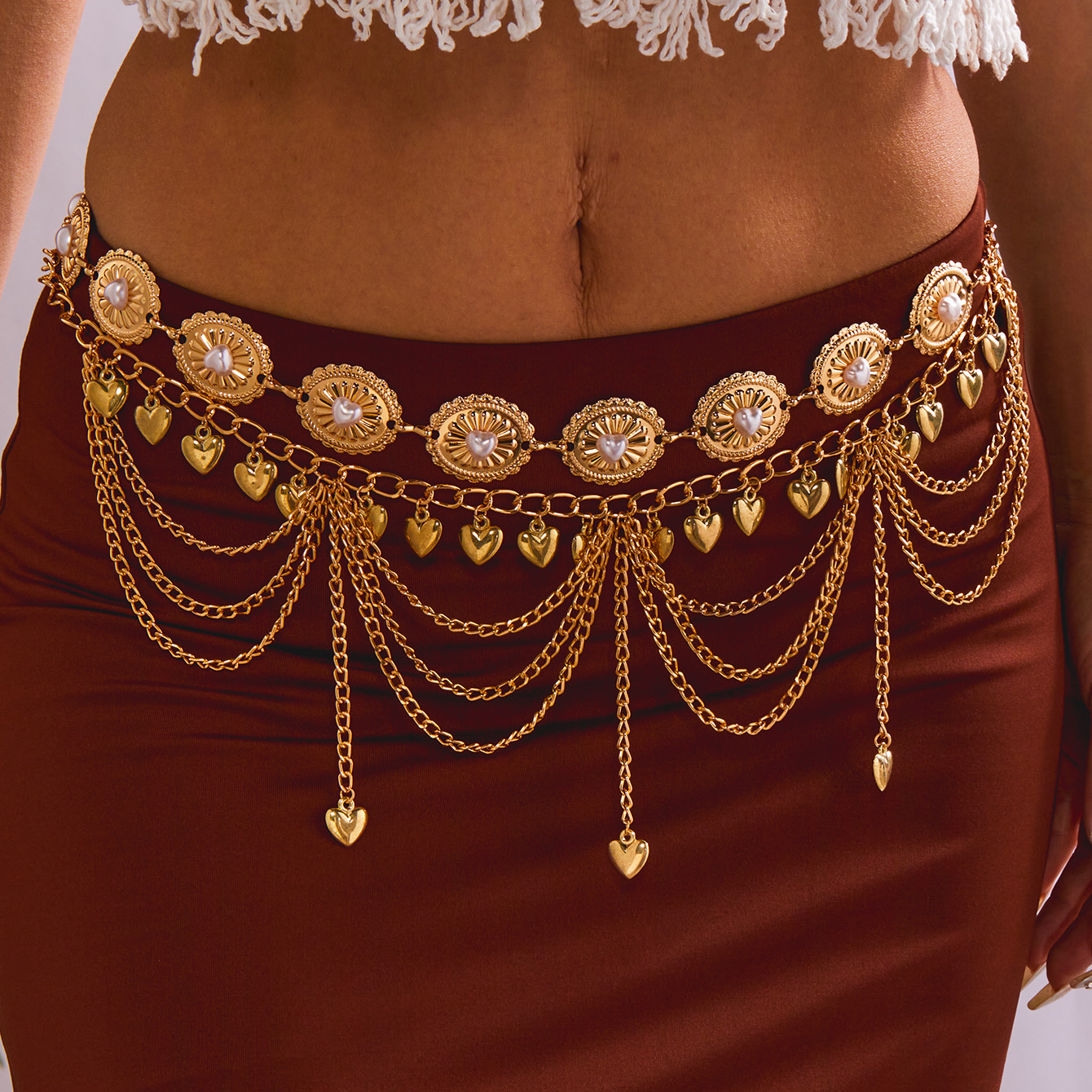 Image of 2pcs Bohemian Style Golden Waist Chain With Heart Tassel, European And Vacation Belly Dance Accessory For Women