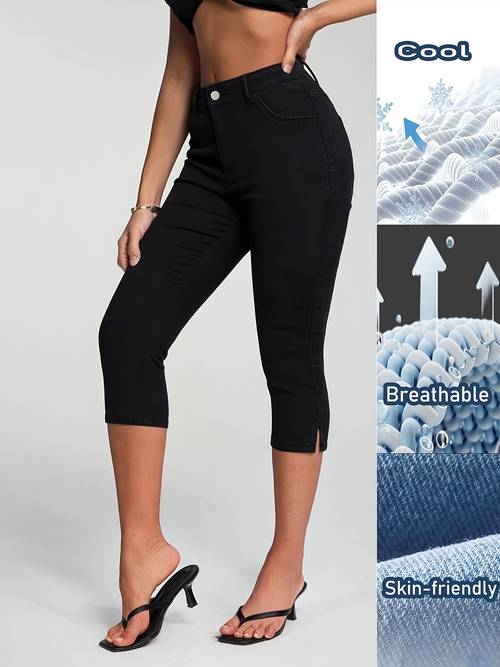 2026ss new womens black washed denim capri pants fit with side slit hem classic button closure and pockets minimalist chic ideal for strolls summer coffee and light short trips us sizes s xxl