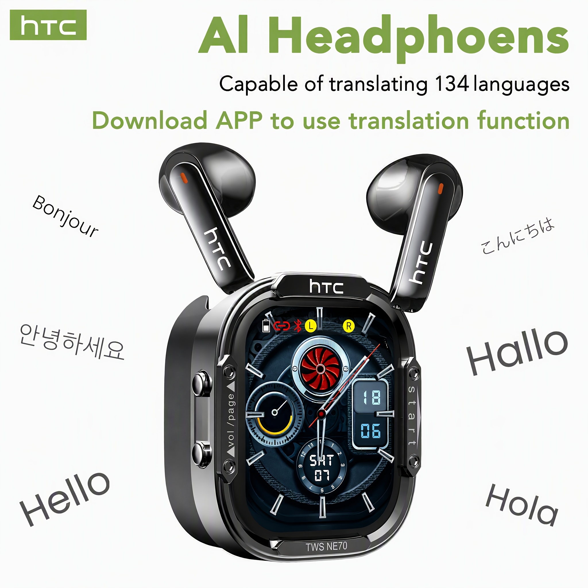 Image of Htc Ne70 New Wireless In-ear Ai Translation Earbuds: Real-time Conversation Translation, Supports 134 Languages, Large Touchscreen, Comfortable Wearing Experience And . Wireless Audio Solution For