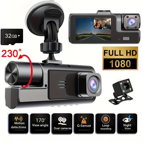 two triple camera dash cam infrared 1080p front and 720p rear 170 wide angle built 32gb card loop recording perfect vehicle safety camera 24 hours parking mode for or holiday gifts
