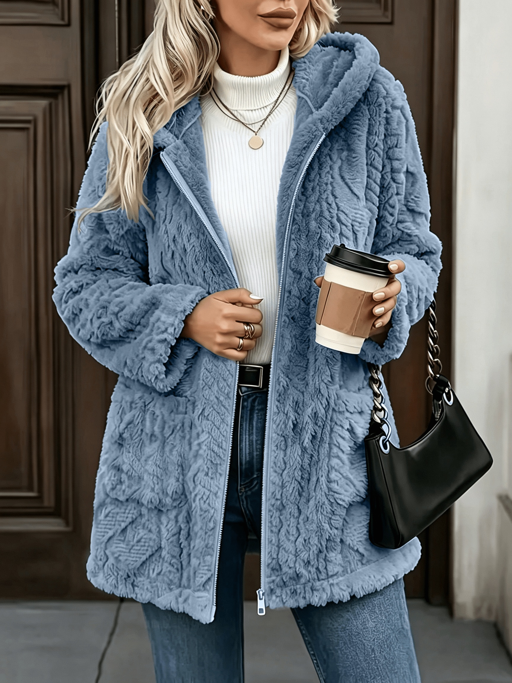 Women's French-Style Hooded Plush Jacket With Faux Collar & Double-Sided -