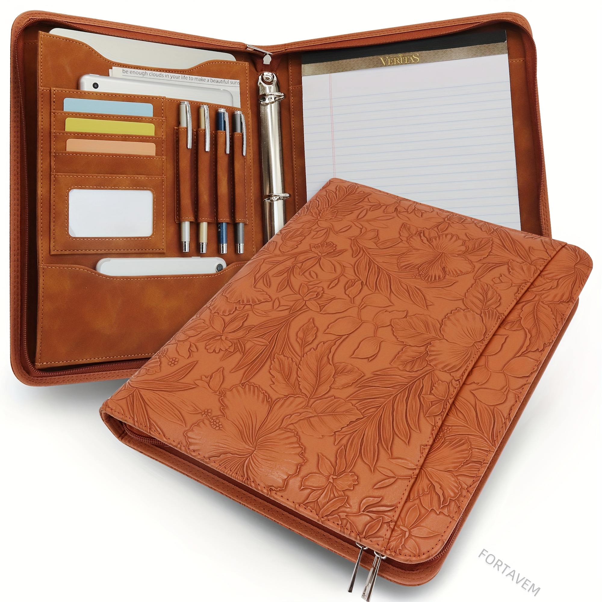 TEMU Trousse d'écriture A4 Floavienza, Portfolio de conférence zippé en similicuir végan, de documents à 4 anneaux pour femmes, Convient aux