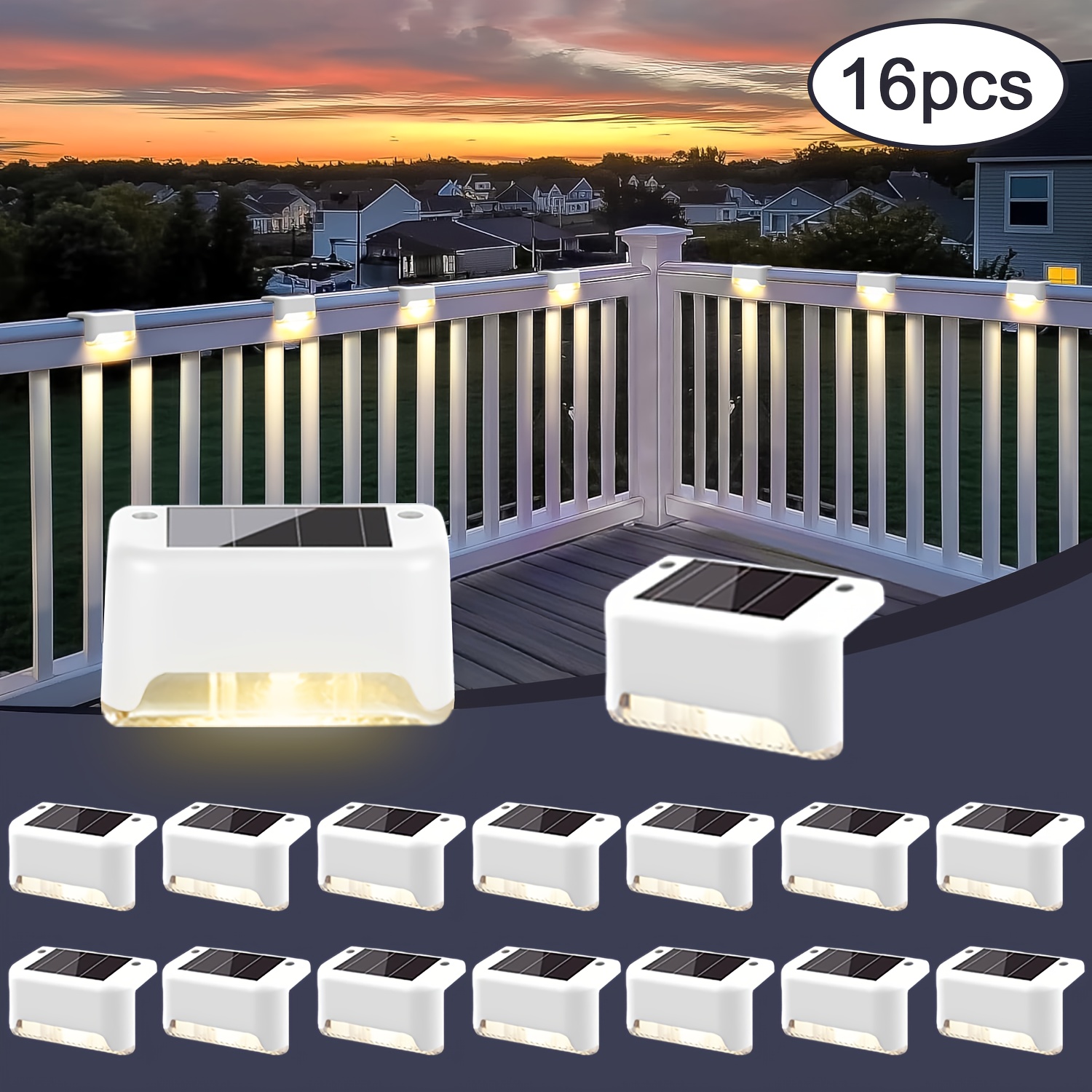 TEMU [solar Deck Light] 32/16/8pcs Solar Led Roof Lights, Automatic Switch , 12-hour Lighting Of Outdoor Stairs, 800mah Fences And , Warm Light,