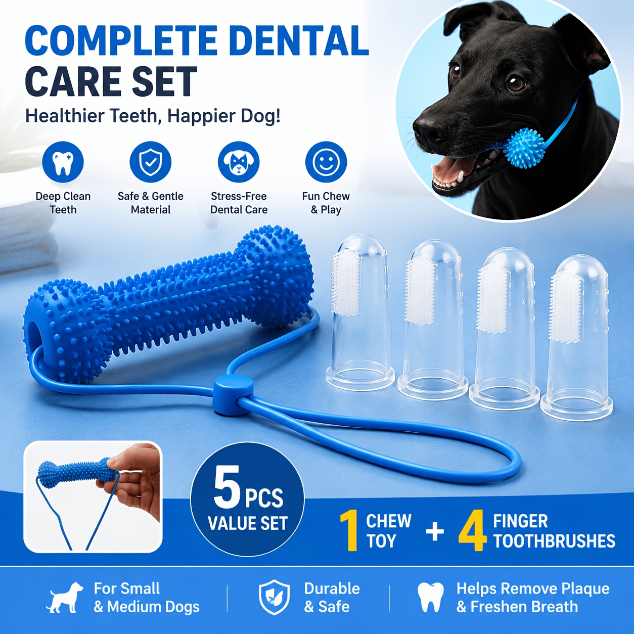 TEMU Juego de 5 piezas de cepillos de dientes para perros para masticar: 1 cepillo de dientes para mascotas tipo palo + 4 fundas para cepillos de