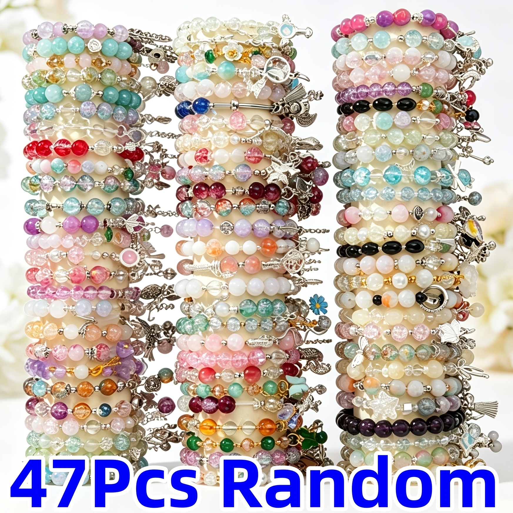 TEMU 47pcs Bead Stretch Bracelets Set - With Star Floral & Heart Pendant, Perfect For Daily Wear Casual Attire Party Jewelry Holiday Gifts Random