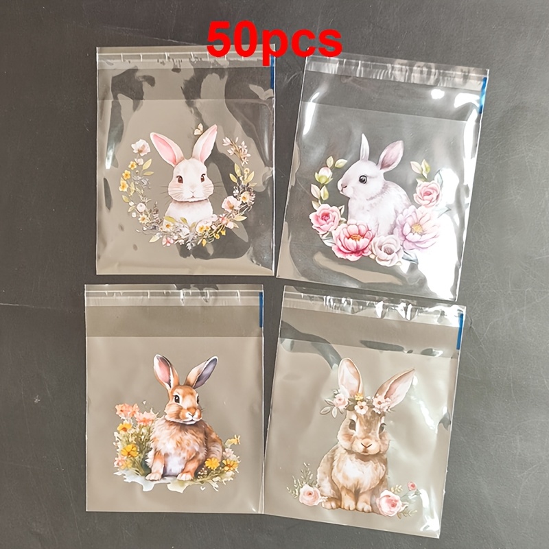TEMU 50pcs A Gift Bag With Rabbit And Flower Patterns, Packaged In A Transparent Self-adhesive Bag Featuring Cute Rabbits And Spring Flowers. The 4