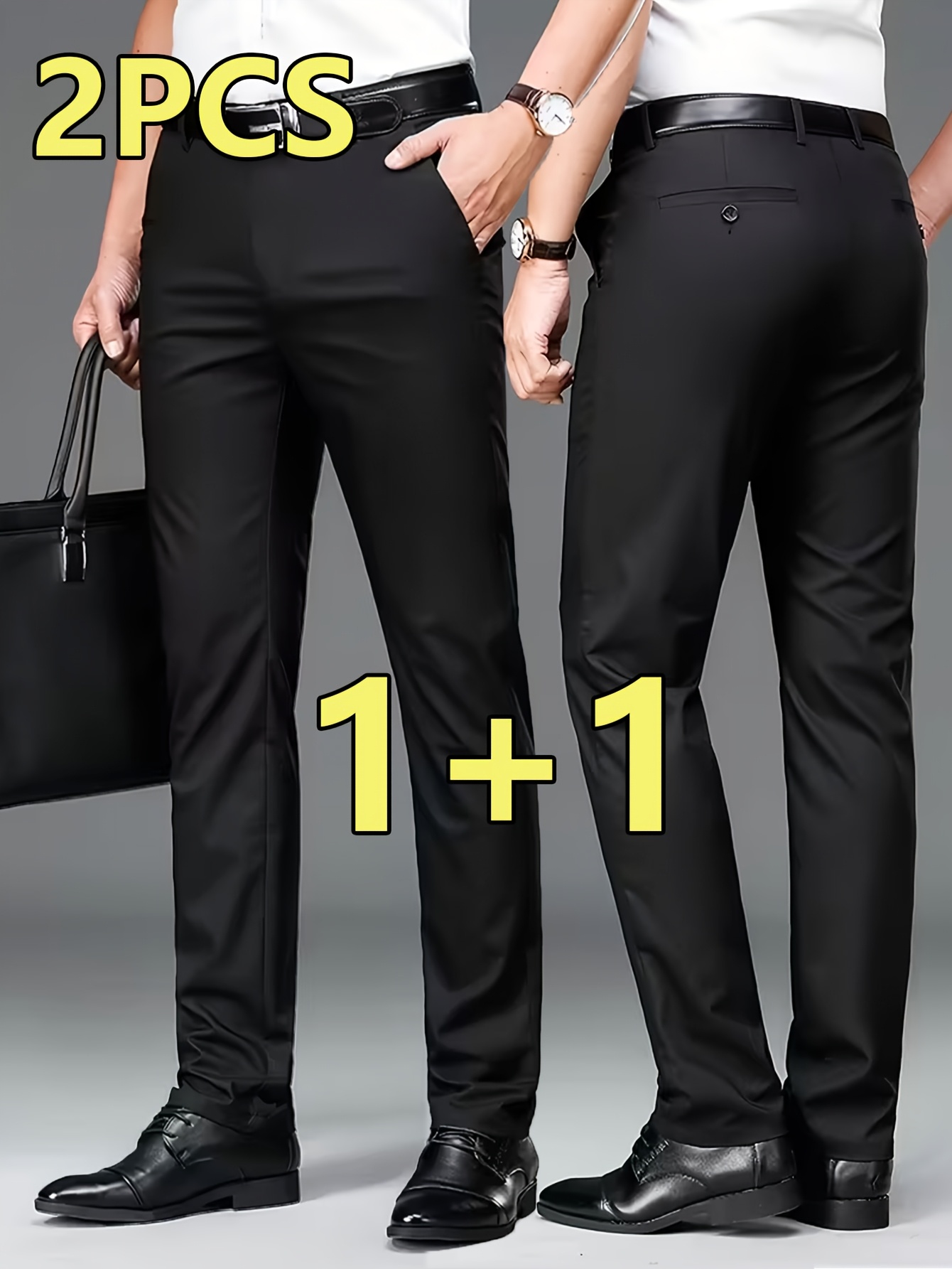 2pcs Men's Professional Business Dress Pants, Office Trousers with Stretch, Versatile Black Straight-Leg Casual Pants for Work