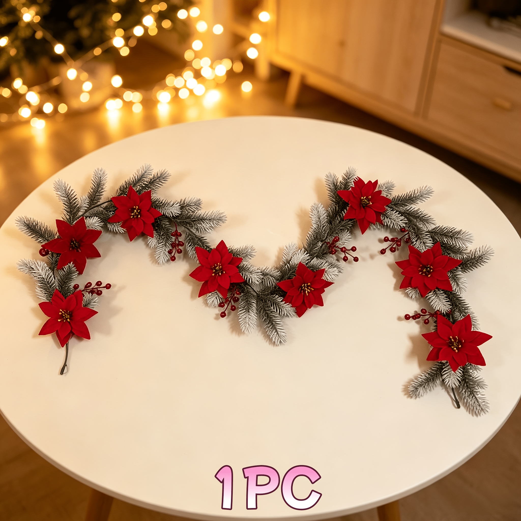 TEMU Christmas Artificial Beautiful Pine Needles + Red Berries + Red Poinsettia Christmas Red Flower Vine Decoration, Poinsettia Vine Combination