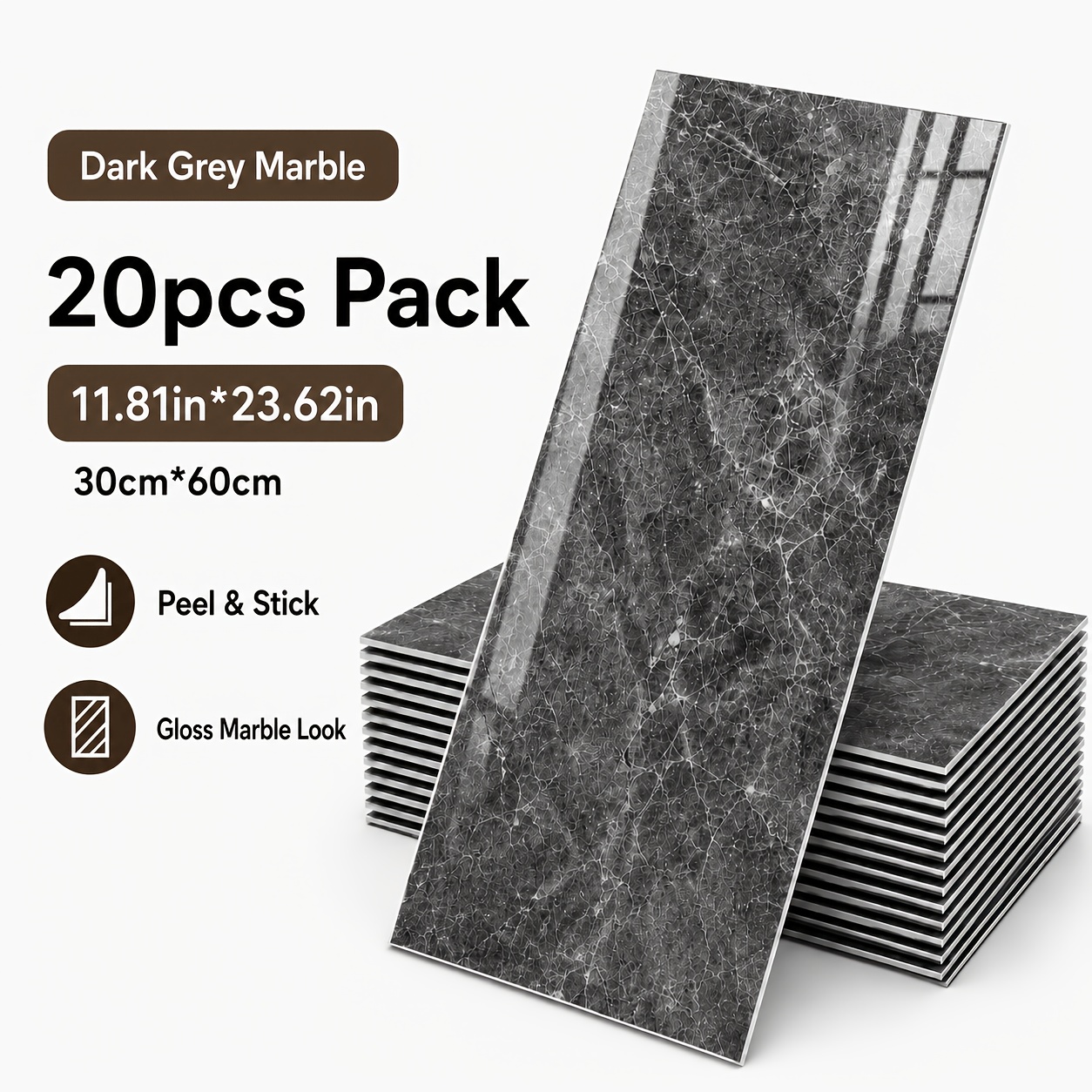 TEMU 20pcs Pack Waterproof Marble Peel And Stick Wall Tiles Suitable For Kitchen Backsplash, Bathroom, Living Room - Glossy Pvc Sheets With Marble