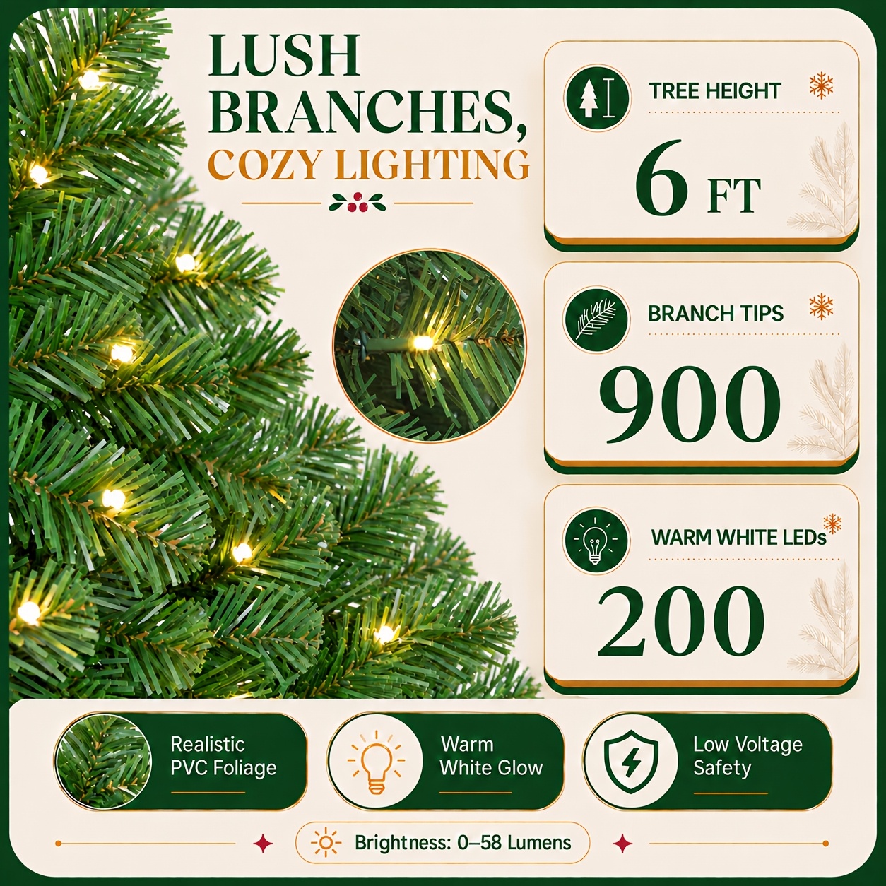 TEMU 6ft Premium Artificial Hinged Classic Christmas Tree With Pre-lit 200 Warm White Lights, 900 Branches, Foldable Stand, For Xmas Decoration,