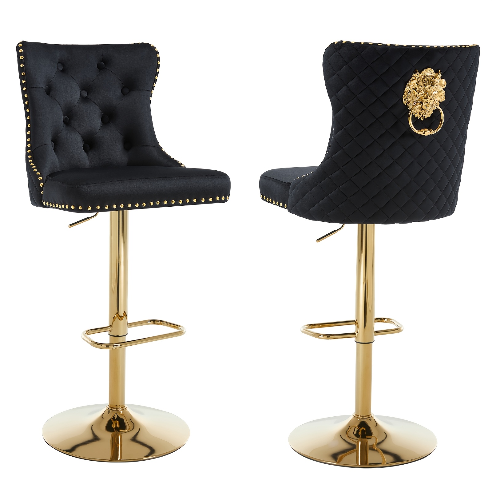 Image of Modern Height Adjustable Bar Stools Set Of 2, Swivel Upholstered Breakfast Kitchen Stools With Lion And Rivet Decoration, Suitable For Home Bar, Kitchen Island, And Dining Room