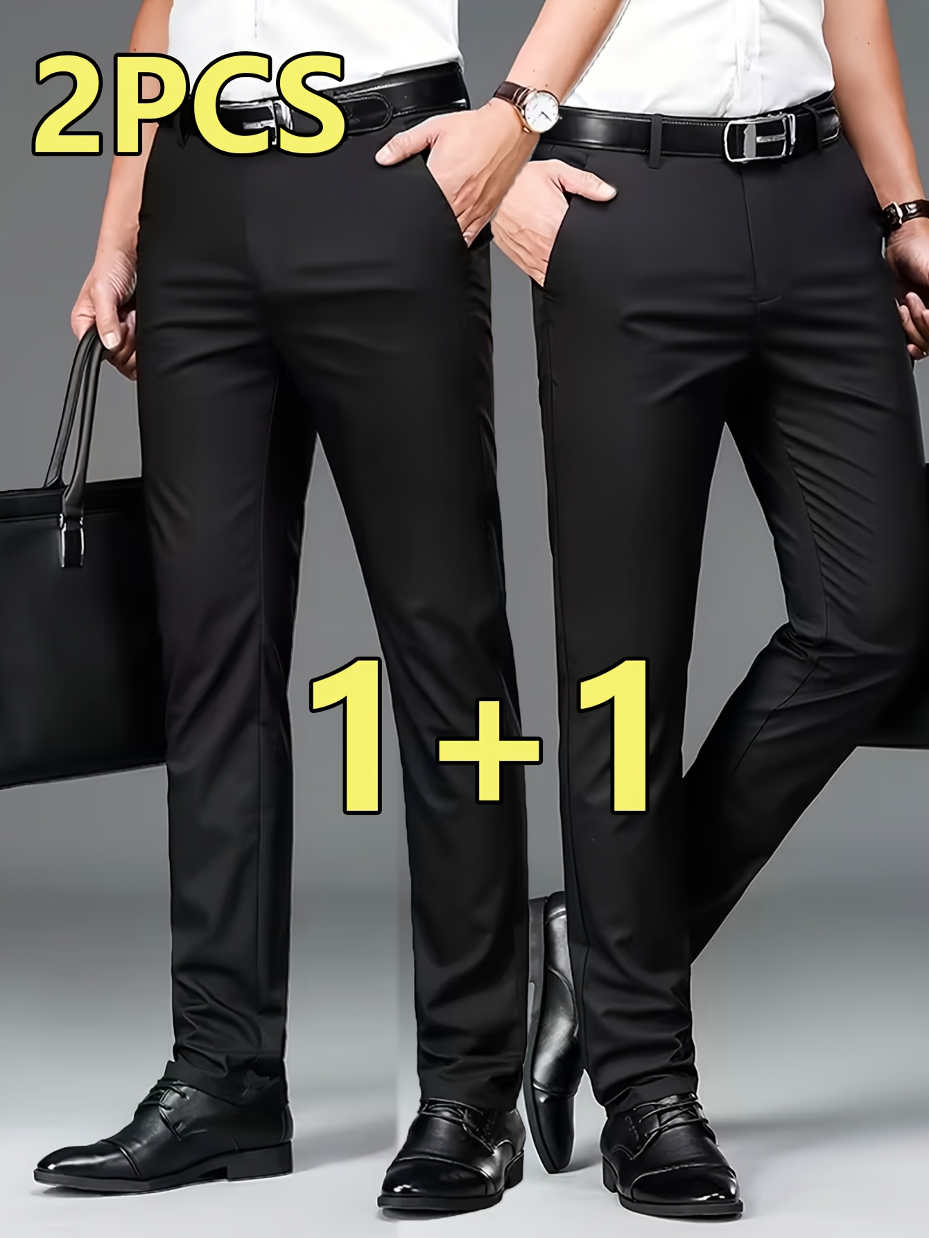 2pcs Men's Professional Business Dress Pants, Office Trousers with Stretch, Versatile Black Straight-Leg Casual Pants for Work