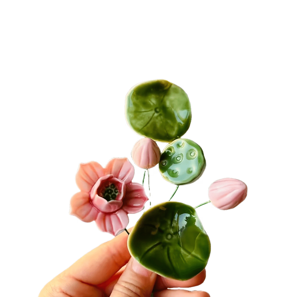 Image of Spring Artificial Flowers Premium Chinese Style Ceramic For Lotus Decor Set - 4 Realistic Leaves + 2 Pods, Artificial Greenery For Potted/home/courtyard/, Ideal Gift For Plant Lovers