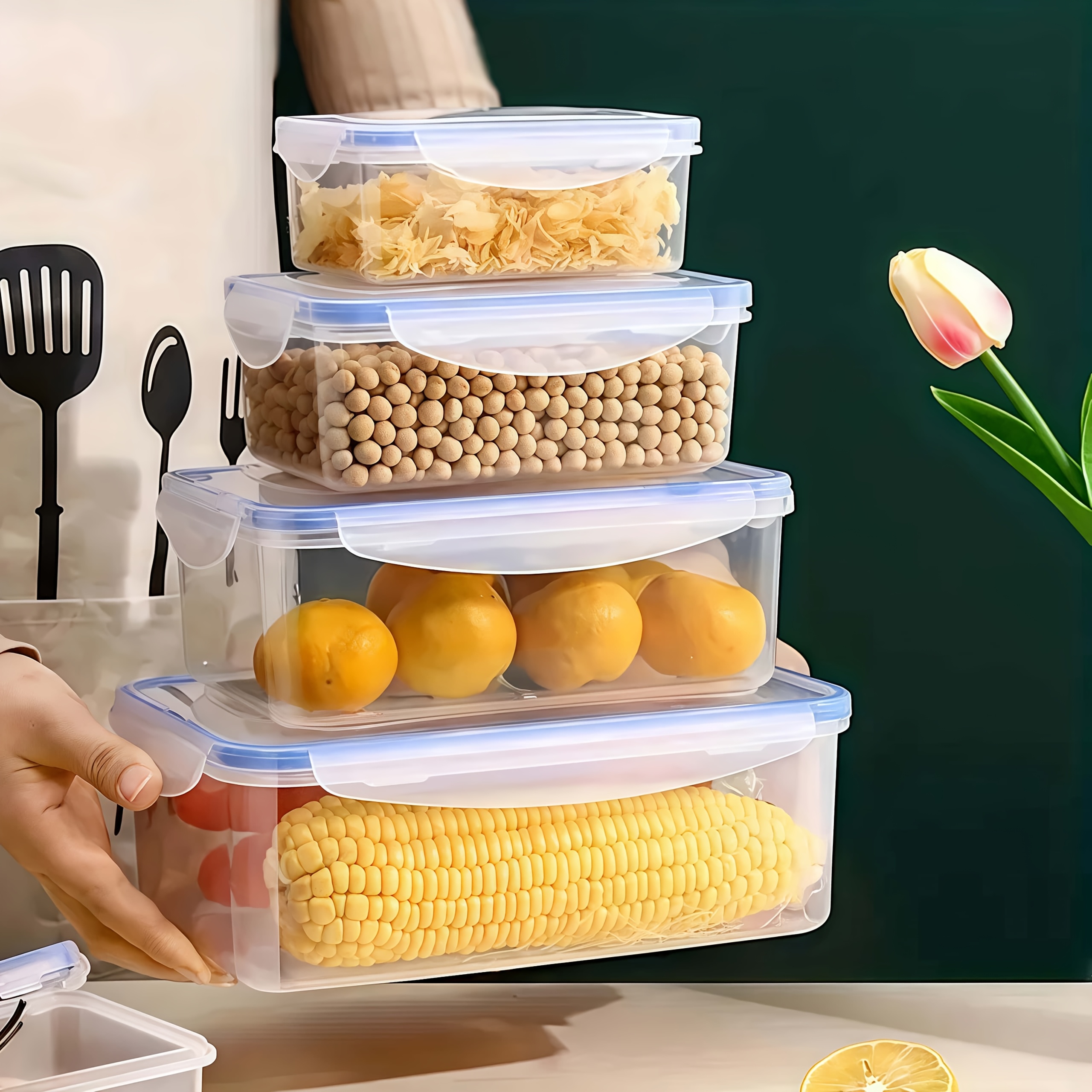 8pcs Set: 4 Containers + 4 Lids, Transparent Food Storage Containers With Lids — Leak-proof, Microwave/freezer-safe Plastic Jars, Airtight Kitchen Storage Containers, Suitable For , Fruits, Vegetables