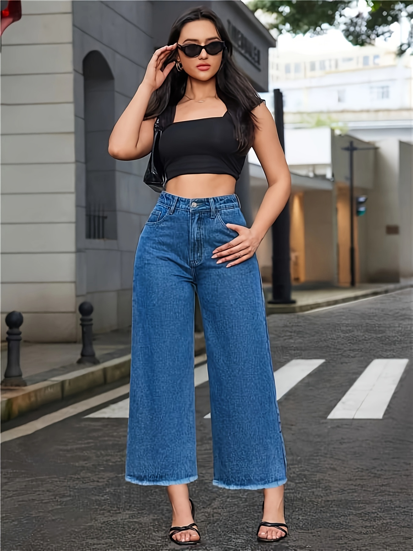 2026SS Women's Low-Rise Straight-Leg Washed Blue Jeans, Raw Hem, Versatile for Casual and Commute Wear, Relaxed Fit