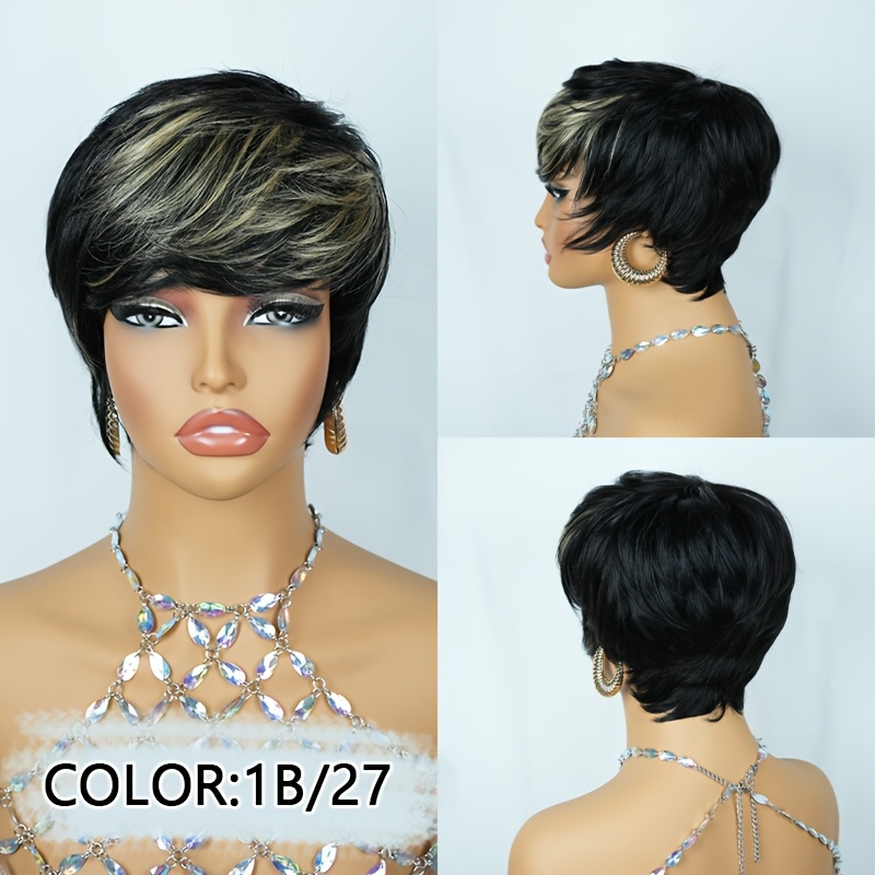 TEMU [mixed Texture] Elegant Short Cut Wig With Bangs, Layered Hair, 200% Density Brazilian Human Hair, Mixed Black And Blonde, Full Machine Made, Fashion Wig Elegant Cut & Cosplay & Halloween Party