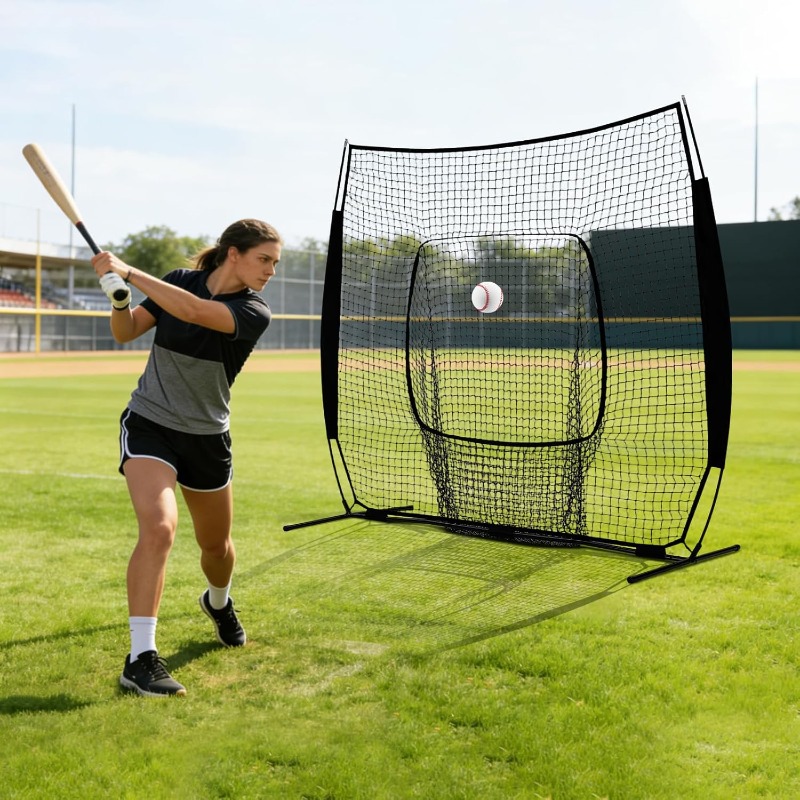 7 ft x 7 ft Baseball Softball Training Net with Arch Frame, Carry Bag, and Batting Area, Multiple Colors Available