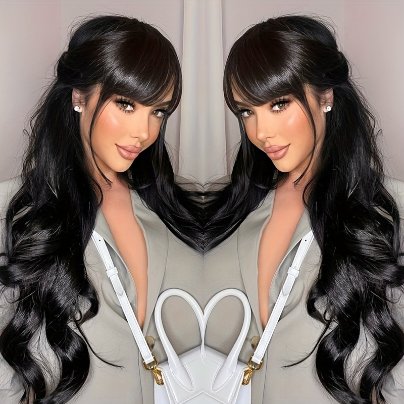 body weave human hair wig bangs glueless non lace front Temu