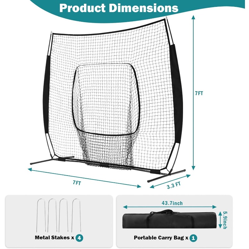 7 ft x 7 ft Baseball Softball Training Net with Arch Frame, Carry Bag, and Batting Area, Multiple Colors Available
