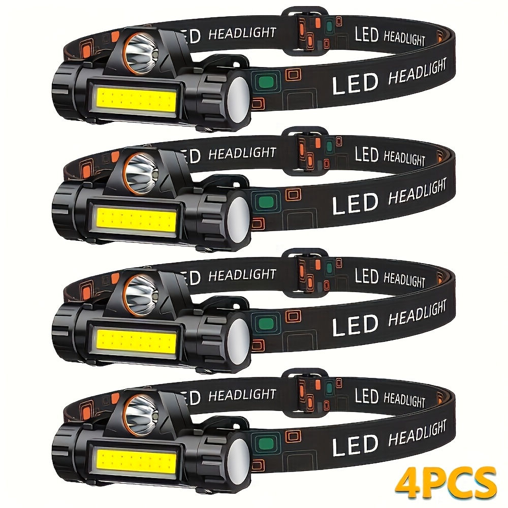 TEMU 4pcs -bright Set Usb Rechargeable Headlamp Adjustable Beam Angle Ideal For Camping, Running, Fishing, And Work Lighting