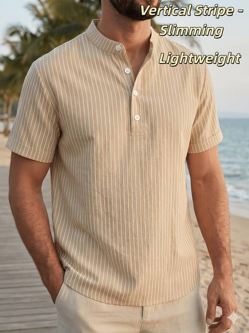 mens short sleeve henley shirt regular day gift for dad linen henley collar style with 4 button detail solid color vertical stripes black and scheme breathable and lightweight suitable for summer daily casual