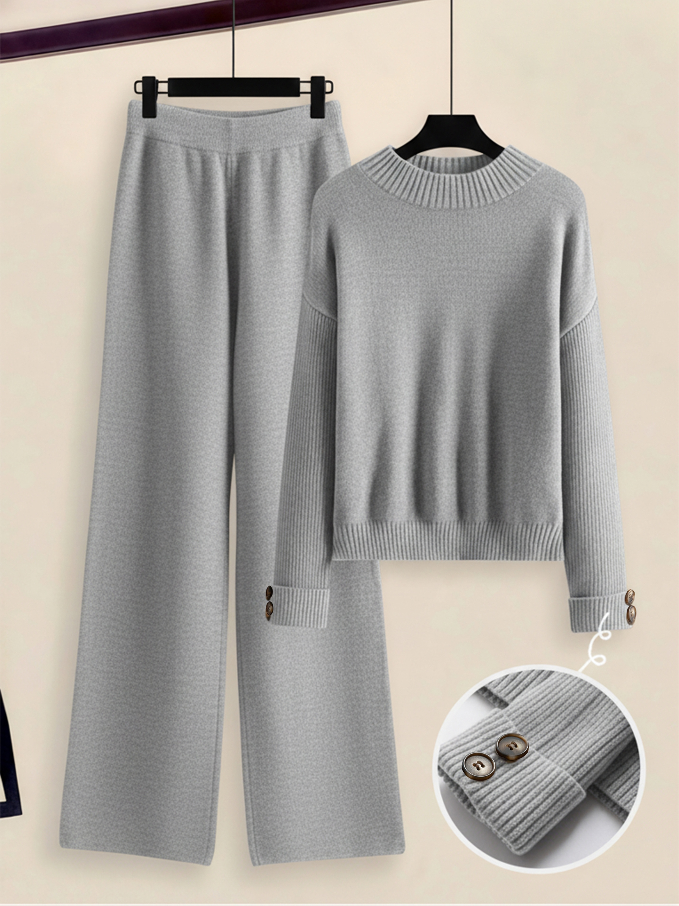 womens two piece set with side stripe crewneck sweater relaxed fit straight leg pants soft clothing for autumn winter european casual   silvery grey 0