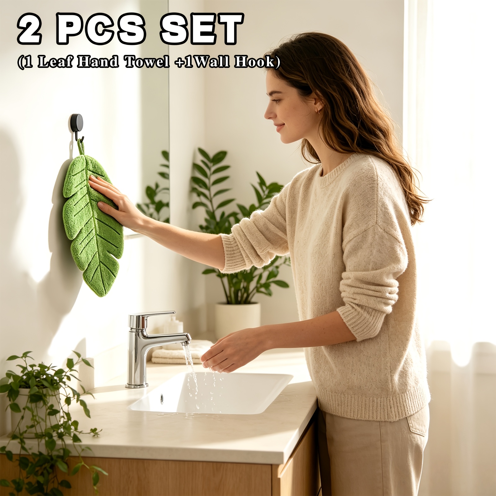 TEMU 1 Serviette de Bout de Doigt de Feuille avec 1 Crochet, Serviette à Main Suspendue Douce et Absorbante, Convient pour Salle de Bain, Cuisine,