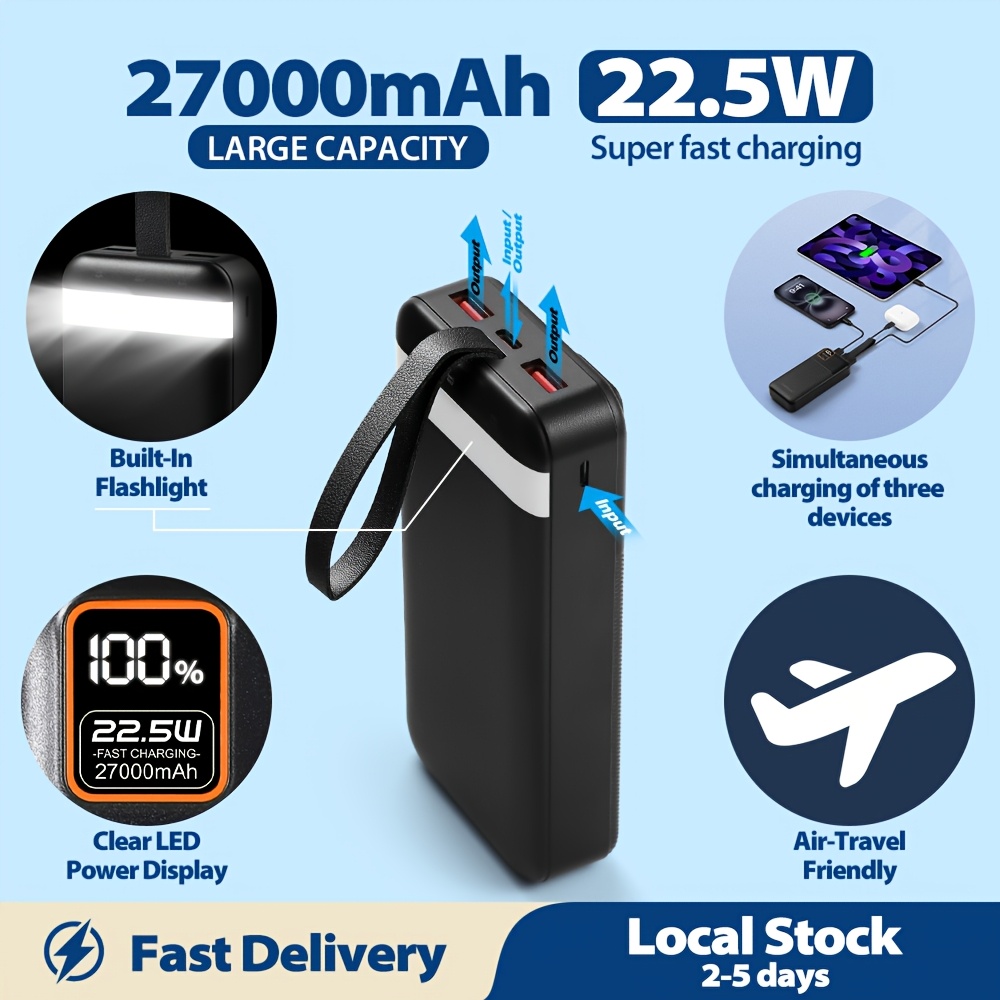 Image of Enegon 27000mah Power Bank With 22.5w Pd Fast Charge, 3-in-1 , Led Display Ideal For Iphone, And Tablets, Travel-ready Emergency Backup