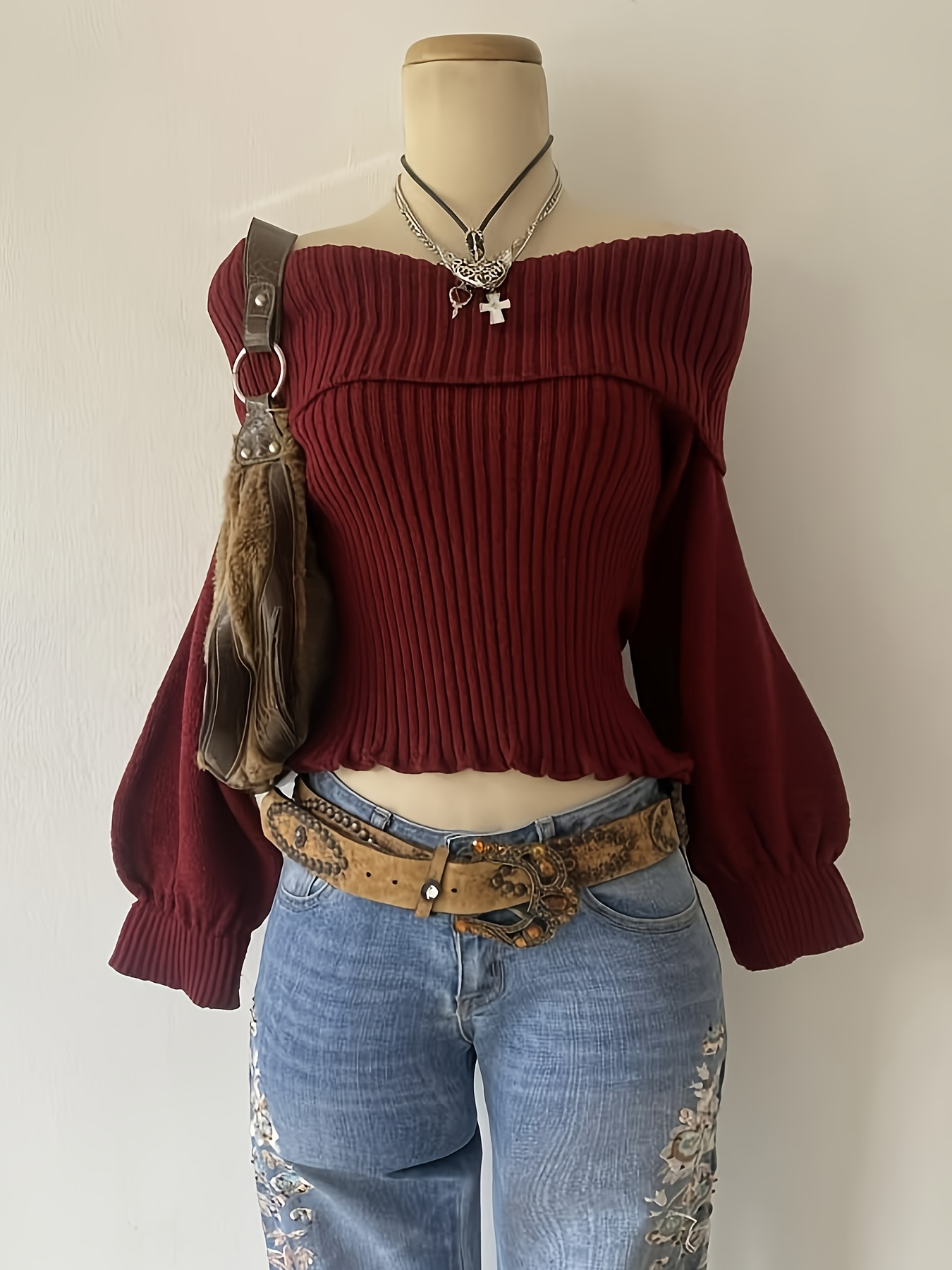 Women's Pullover Sweater, Fashionable Elegant Casual Long Sleeve Off-the-Shoulder Top for Spring, Autumn, Christmas, New Year, and Winter Holidays