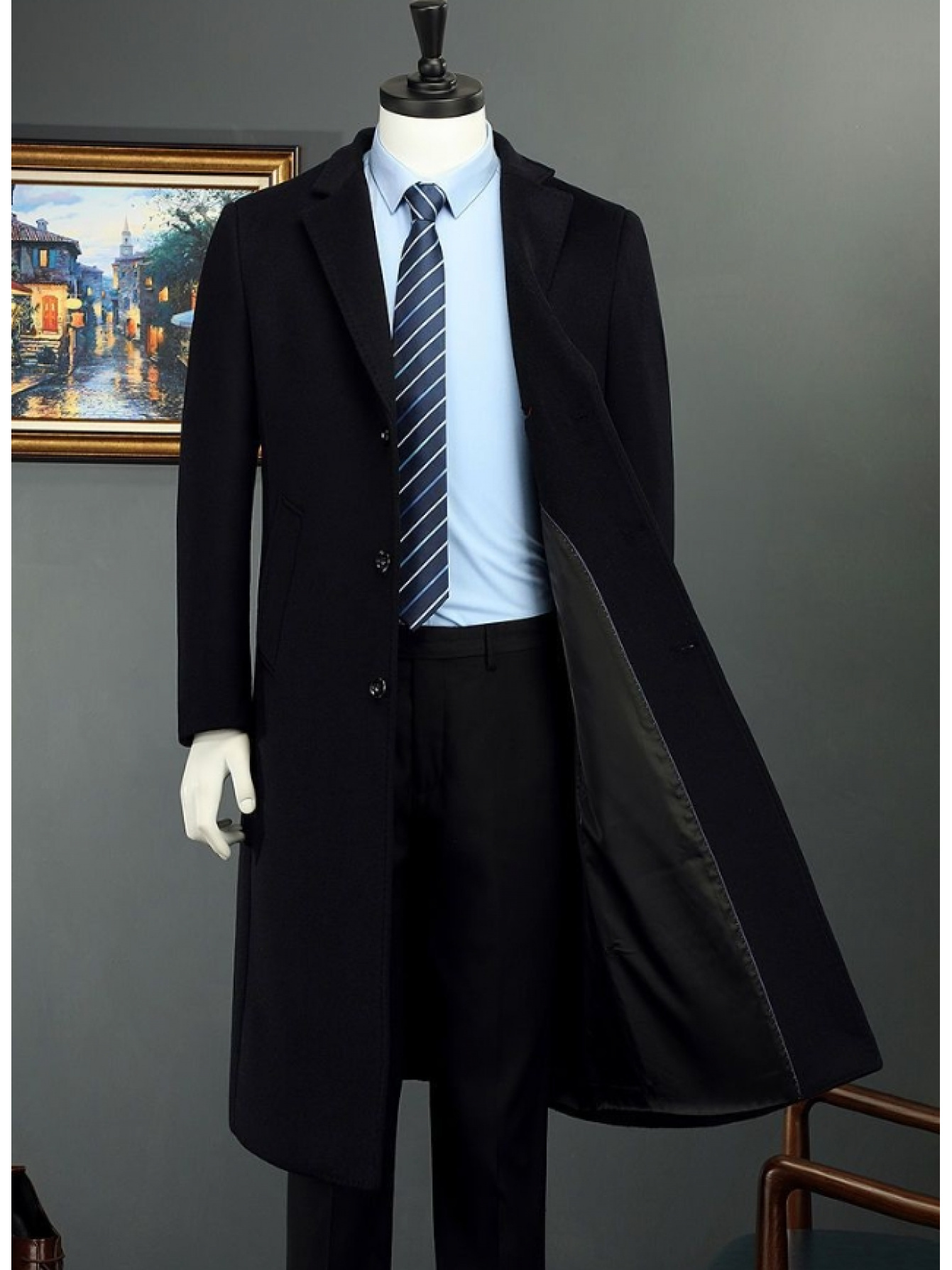 Men's Long Single-Breasted Blazer Jacket - Solid Color Coat - Casual to Business Casual with Pockets - Polyester Regular Fit for Office & Formal Events