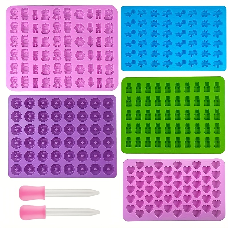 Image of 5pcs/set Gummy Molds Silicone, Gummy Molds With 2 Droppers, Silicone Candy Molds Including Mini Dinosaur, Bear Shape, Hearts And Mini Donut